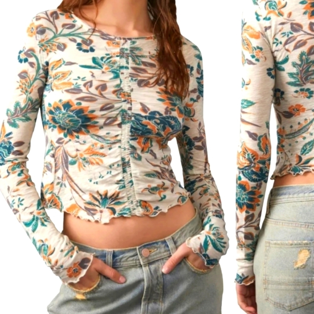NWT FREE PEOPLE Dreamed of Your  Floral Ruched Long sleeve size medium Tops